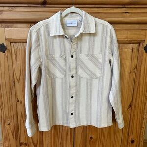 Plenum Studio Textured Button Down Top Mens Grey Beige Pockets Cotton Size Small